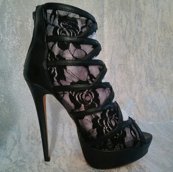 PAPER FOX 6.5 BLACK SHEER LACE & SOLID ANKLE BOOTIE PLATFORM HEELS holiday party - Picture 2 of 13